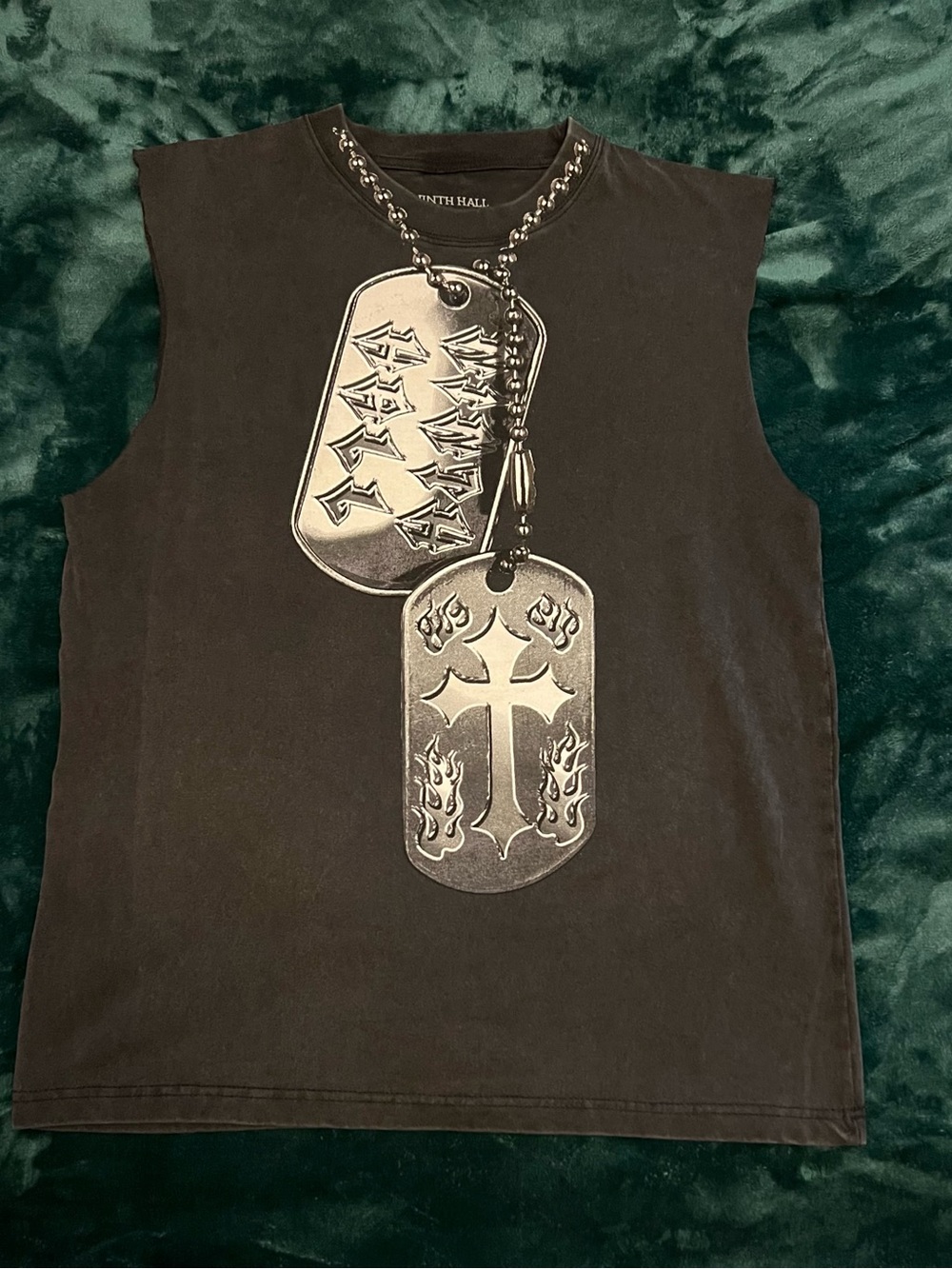 Ninth Hall Dark Grey sleeveless shirt with cross and dog tags Men’s Size S
